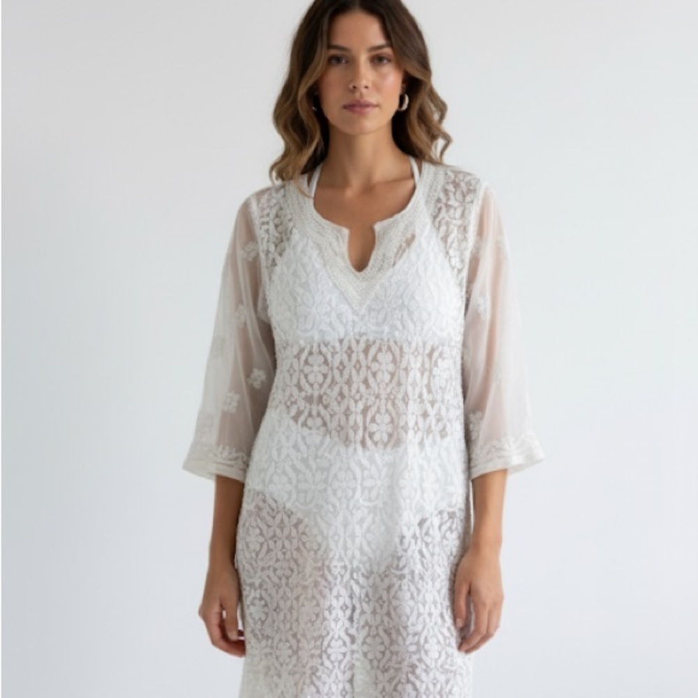 Vintage white silk tunic coverup with hand embroidery - Small